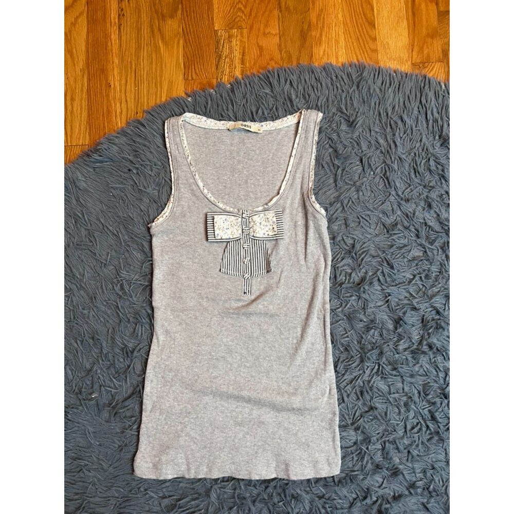 Oasis Light Gray Ribbed Y2K 90s Bow Tank Top Size XS